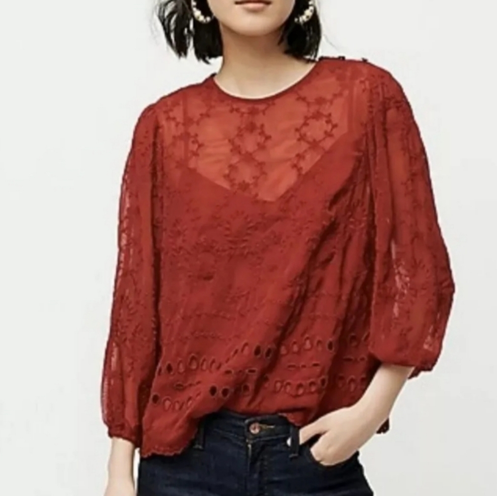 J. Crew Boho Peasant Popover Blouse Top Ruby Red Size XS